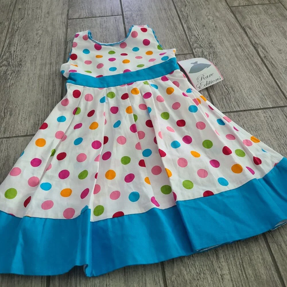 Rare Editions NWT Girls white and blue Polka Dot Sleeveless Dress – Size 4